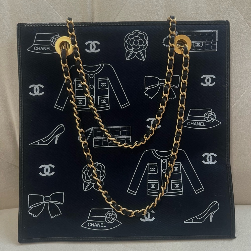 CHANEL Denim In Navy Blue Small Tote with Gold Chain and Iconic Print